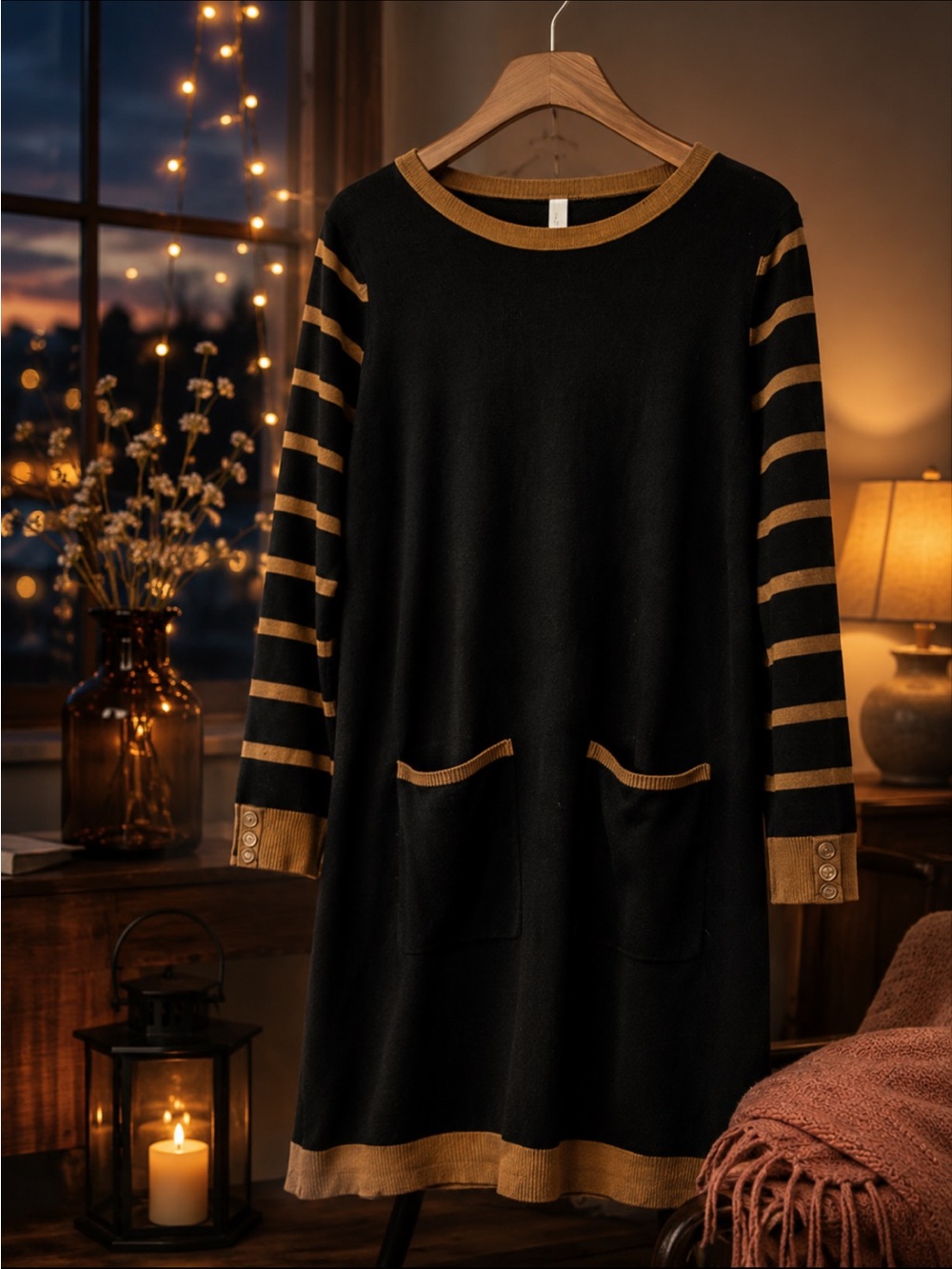 NY Collection Black and Brown Striped Long Sleeve Dress